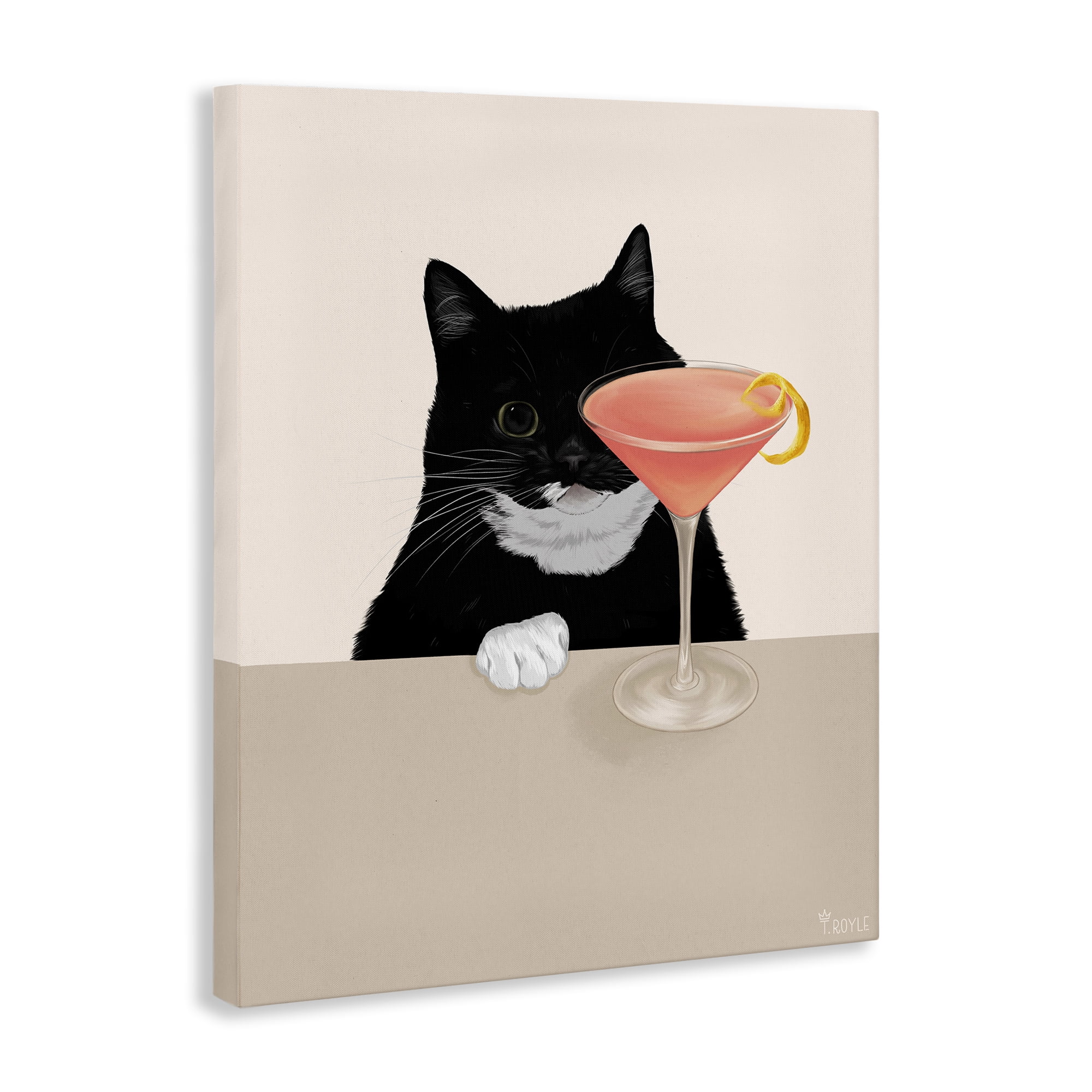 Stupell Industries Cat & Pink Cocktail Food & Beverage Painting Gallery Wrapped Canvas Art Print Wall Art, 36 x 48