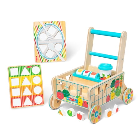 Melissa & Doug Wooden Shape Sorting Grocery Cart Push Toy and Puzzles (16 Pieces)