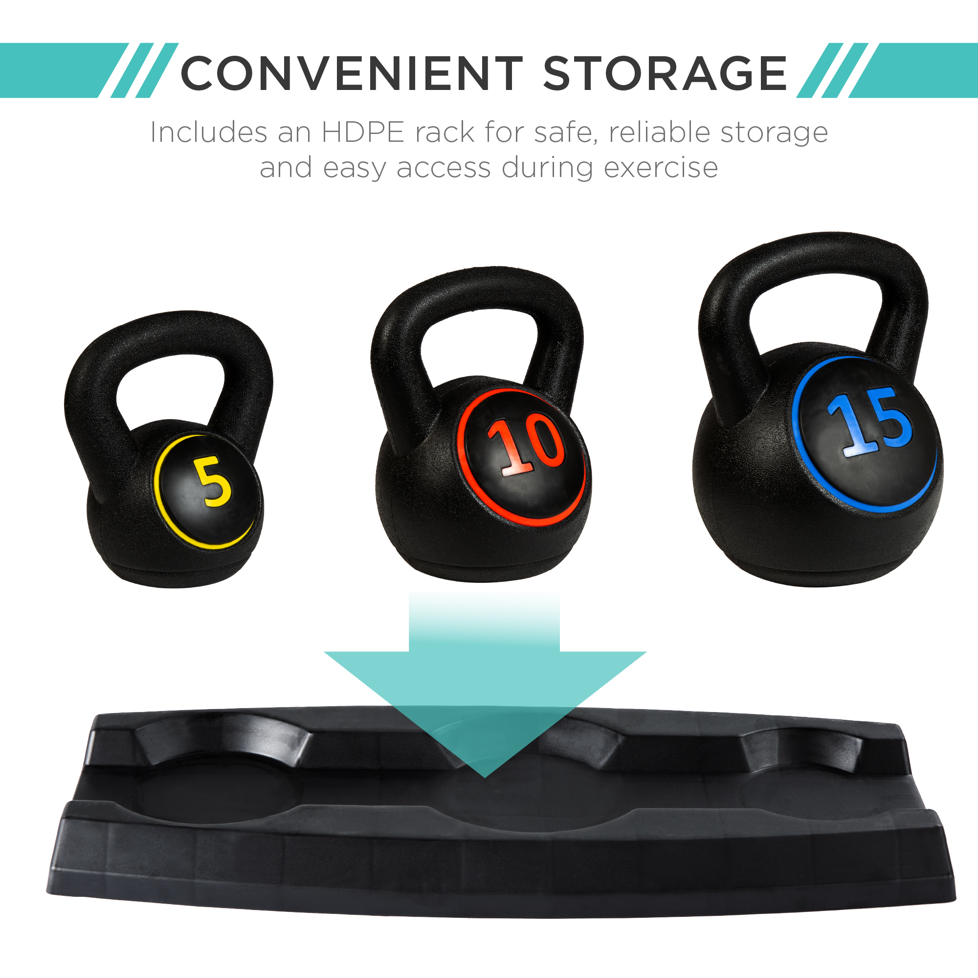 Best Choice Products 3-Piece Kettlebell Set with Storage Rack, Exercise Fitness  Concrete Weights 5lb, 10lb, 15lb - image 4 of 7