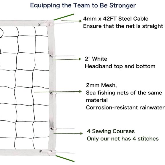 Official Tournament Sized Volleyball Net in| Outdoor with 2 Aircraft Steel Cables Top and Bottom