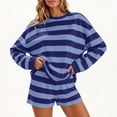 thumbnail image 6 of AKOEE Striped 2 Piece Shorts Sets for Women Casual Trendy Crewneck Long Sleeve Oversized Pullover & Shorts (2XL, Blue), 6 of 7