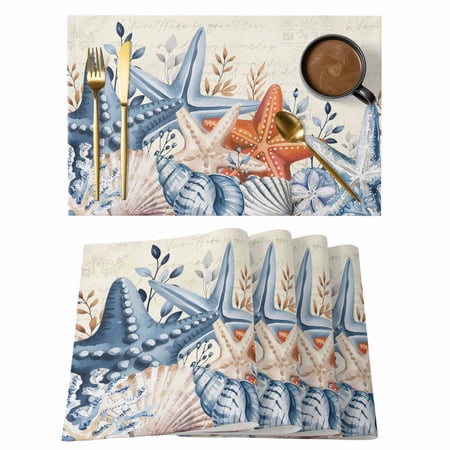 Placemats 1 Pack Orange Blue Starfish Coastal Woven Placemat Linen Place Mats for Kitchen/Dining Tables Summer Beach Eucalyptus Rustic Washable Table Mats for Party