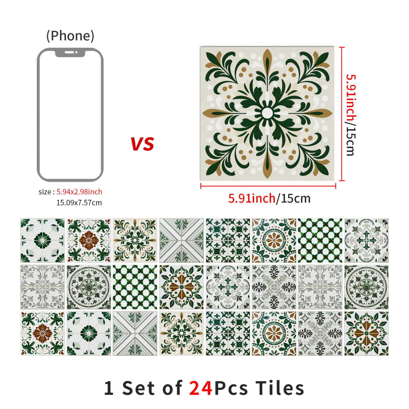 24PCS Mediterranean Style Peel and Stick Wall Tile Decals - 6"x6" Vintage Waterproof Vinyl Moroccan Bohemian Stickers for Kitchen Backsplash, Bathroom, Stair Riser Decor