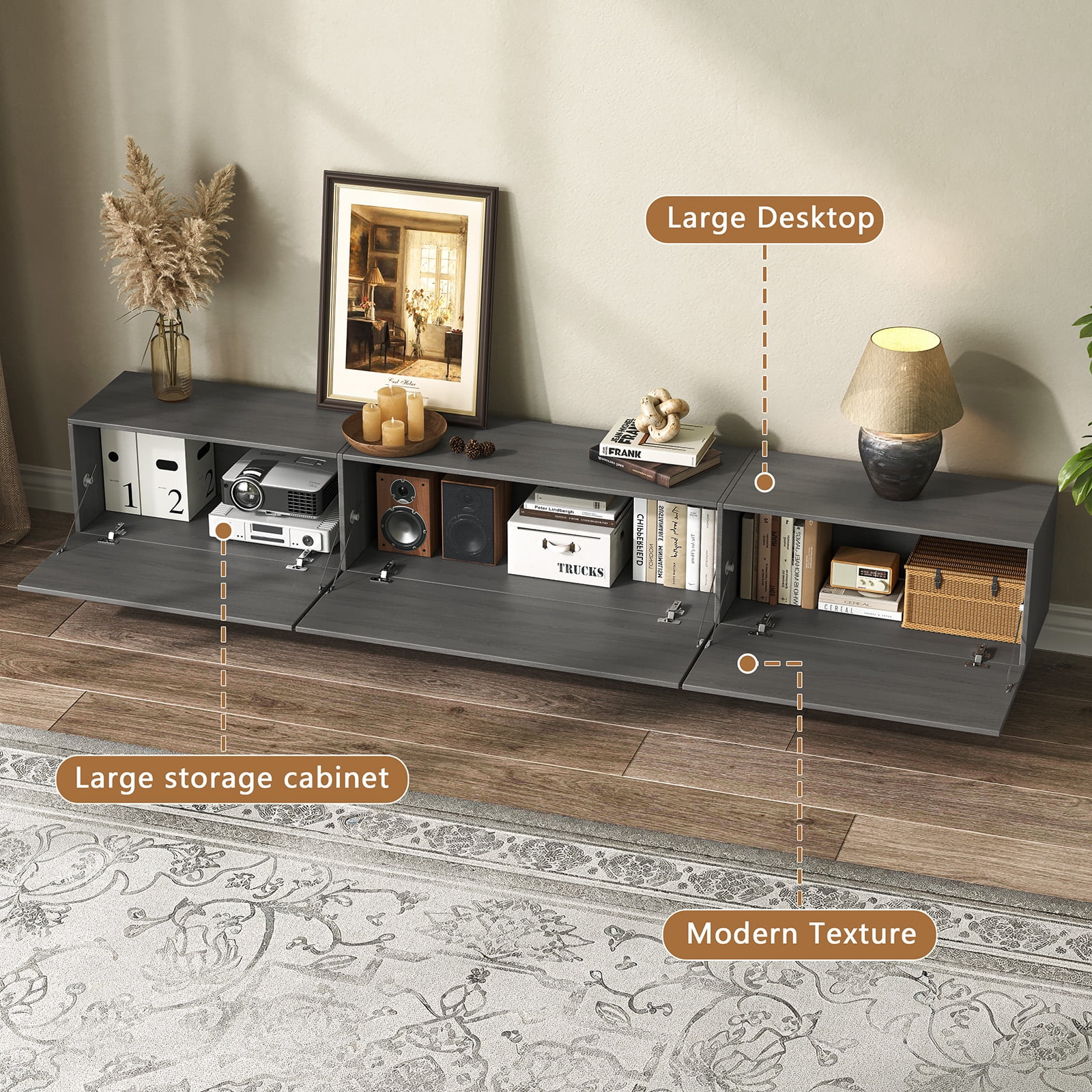 76.4'' Modern TV Stand for Living Room, Mid Century Modern TV Console with 3 Drawers, Media Cabinet for Living Room, Bedroom, Grey