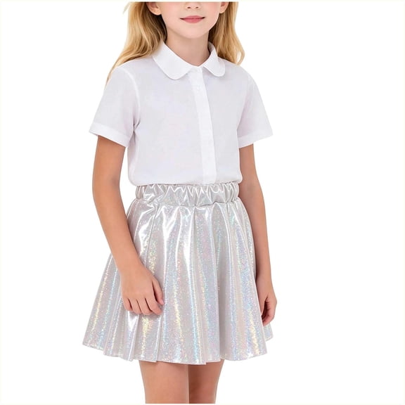 hotojiny Girls Sparkle Skirt Kids Elastic Waist Glitter Sequin Skirts for Birthday Party Dance Outfit(Silver,15-16 Years)