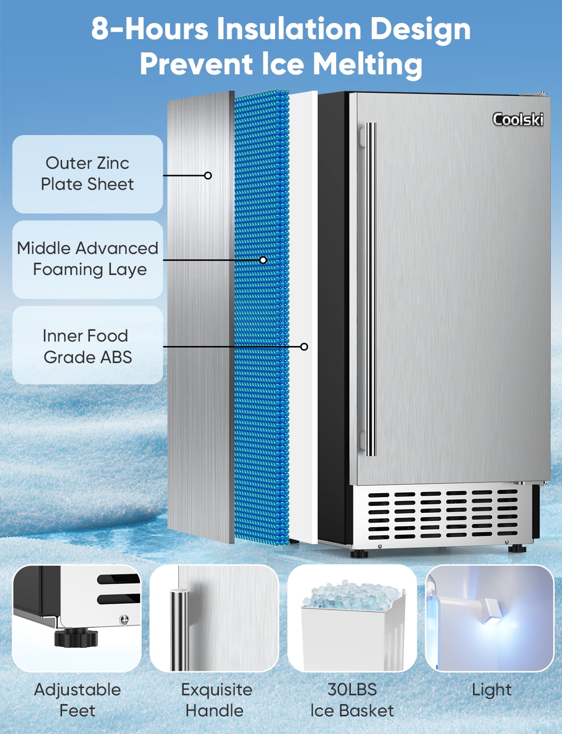 Coolski 15" W Commercial Under Counter Ice Maker, 100 lbs/Day, Bulit-in Machine