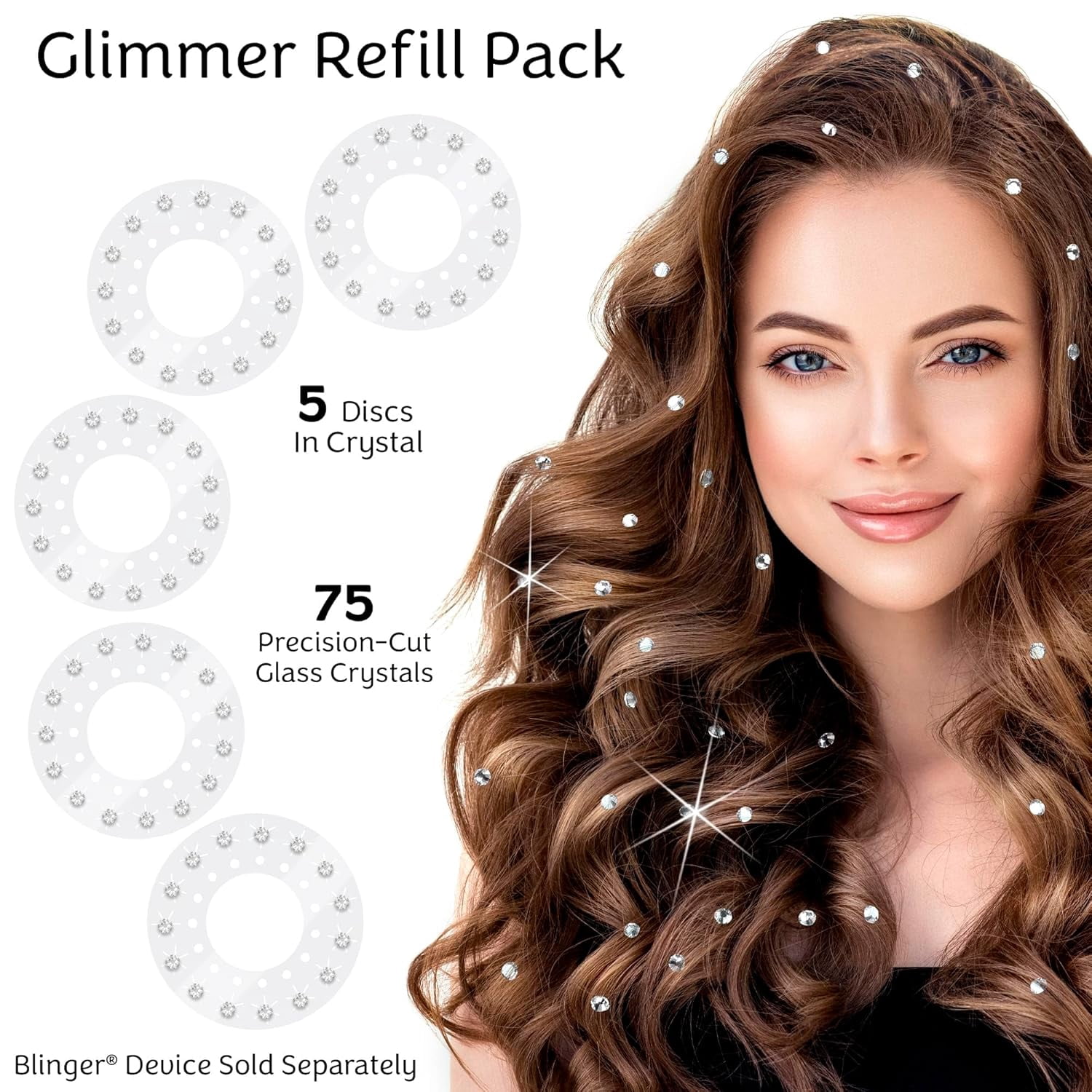 blinger® Crystal Women Refill Pack | 75 Hair Safe Glass Crystals for Everyday Glam | Crystal 5 mm | Gem Stamper Not Included