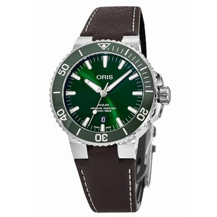 Oris Aquis Date Green Dial Brown Leather Strap Men's Watch 01 733 7732 4157-07 5 21 10FC