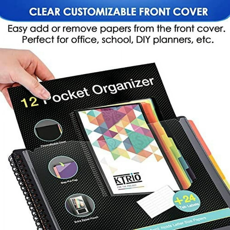 24 Pocket Poly Spiral Project Organizer Heavy Duty with Back Cover Utility Pouch 1/3 Cut Tabs 12 Tab Color Dividers Clear View Front Cover Letter Size