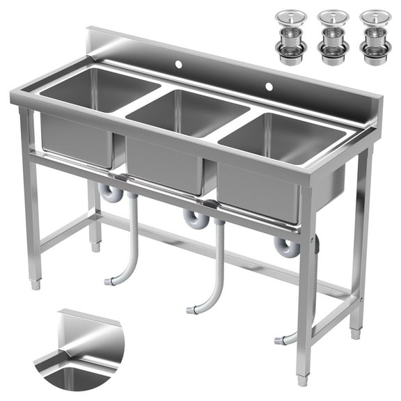Commercial Utility Sink, 51×19.7×31.5in Freestanding Utility Sink, Kitchen Sink, Commercial Stainless Steel Sink for Hotel Kitchen
