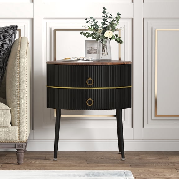 O&K FURNITURE Industrial End Table with 2-Drawer, 21.85''Sofa Side Table, Metal Round Nightstand for Living Room Bedroom, Black