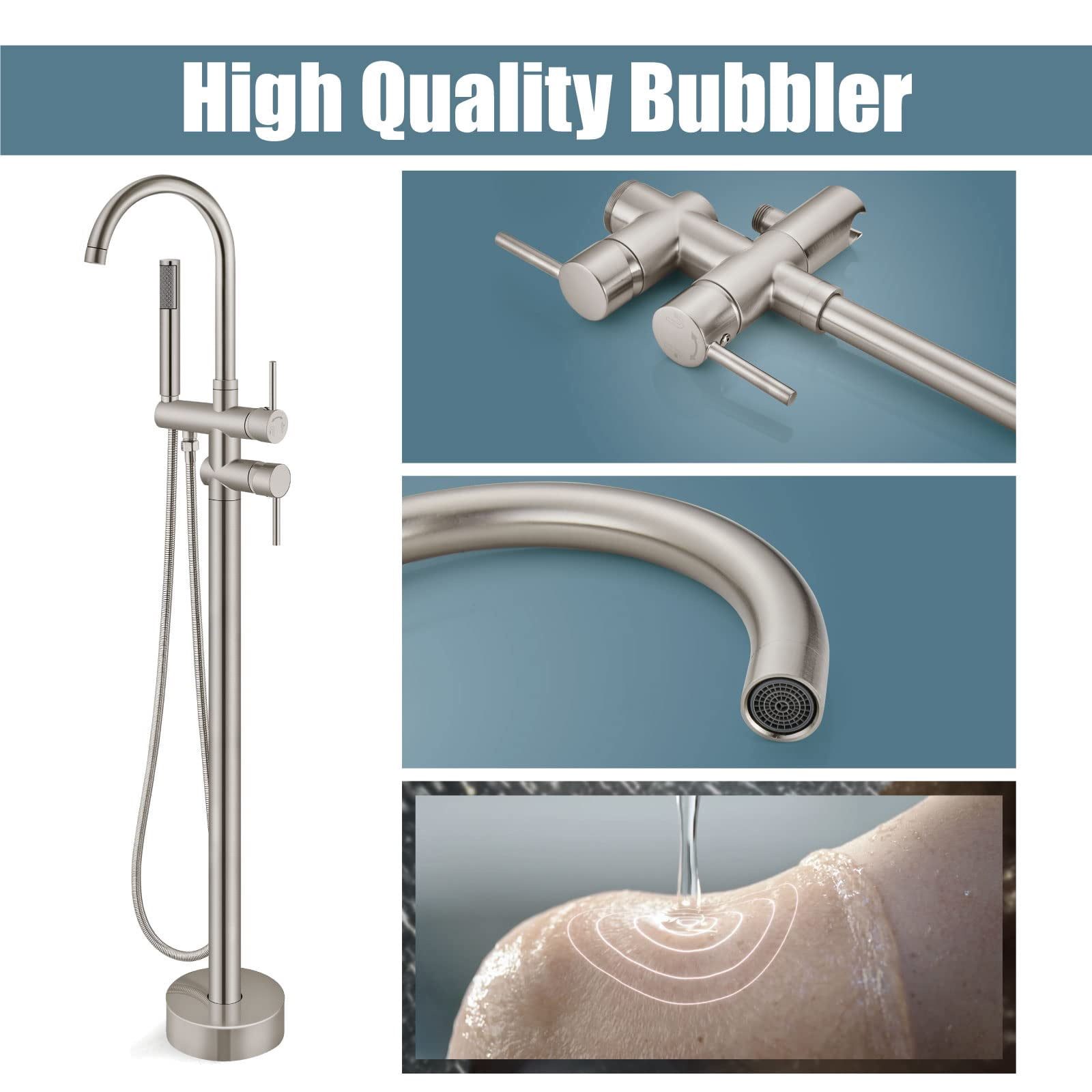 Floor Mount Bathtub Faucet Brushed Nickel Freestanding Tub Filler with Swivel Spout