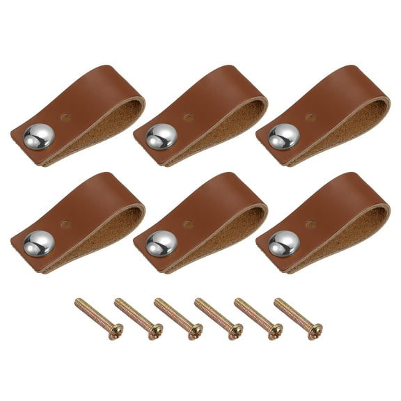 Leather Drawer Pulls, 2.56" 6Pack Surface Leather Furniture Handles Dresser with Screws, Brown Silver