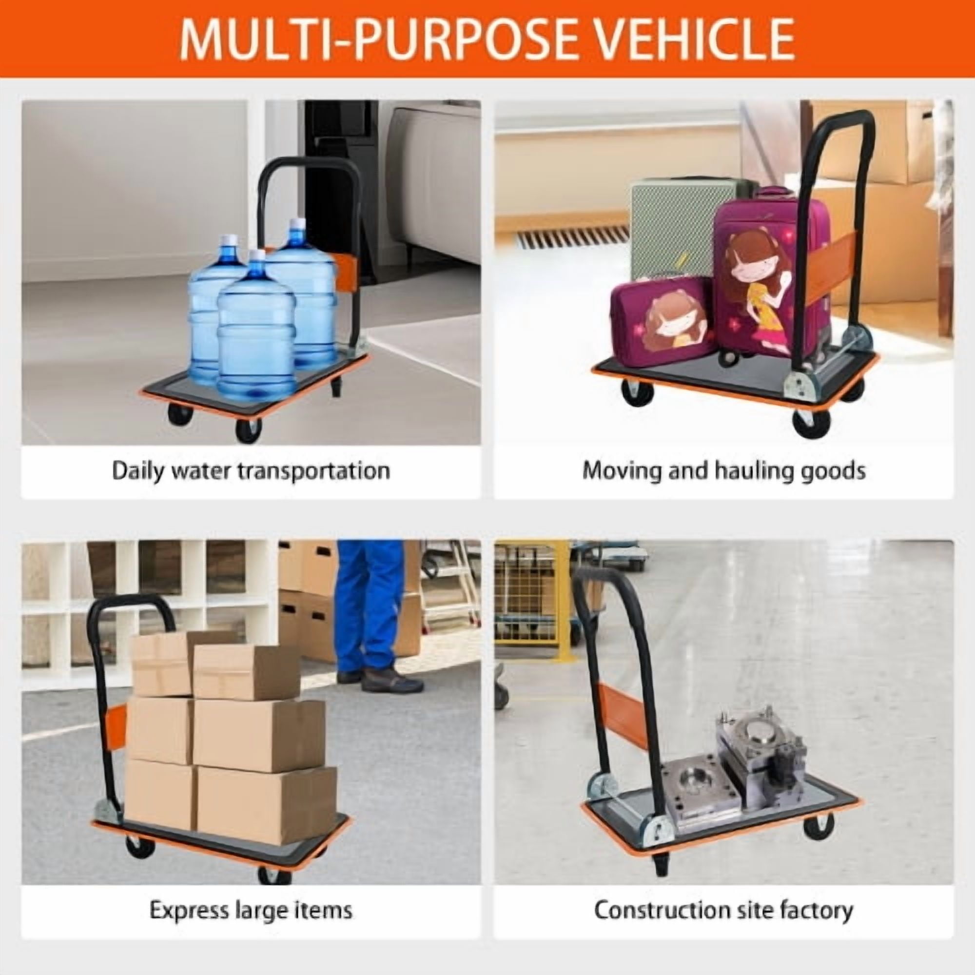 Foldable Flatbed Cart, 330LBS Heavy Duty Hand Truck with 360° Swivel Wheels, Large Platform Push Cart for Warehouse, Moving and Storage (Orange)