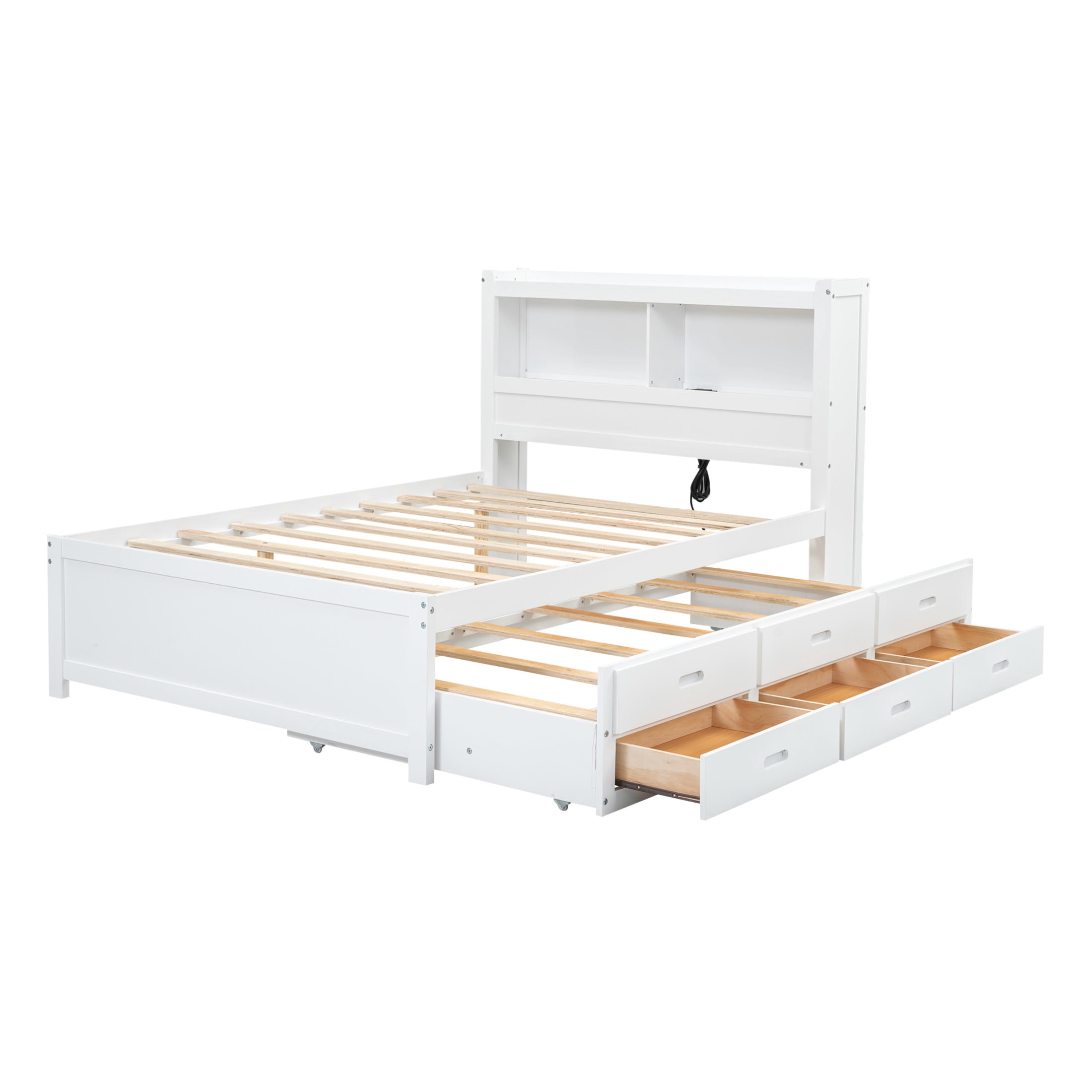Noble House Lornic Full Size Platform Bed with Trundle and Drawers, Charging Station and Storage Shelves, White