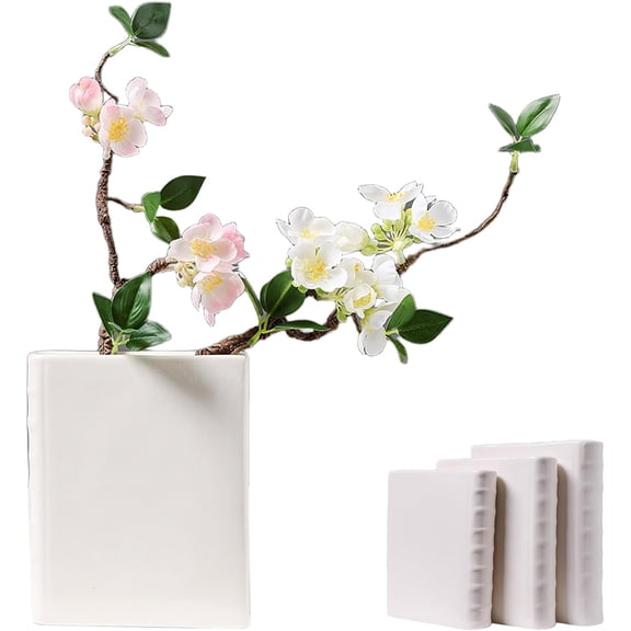 White Ceramic Book Vase for Flowers, Modern Aesthetic Bookshelf Decor & Unique Bookend, 8-inch Decorative Vase for Office, Home & Book Lovers (K)