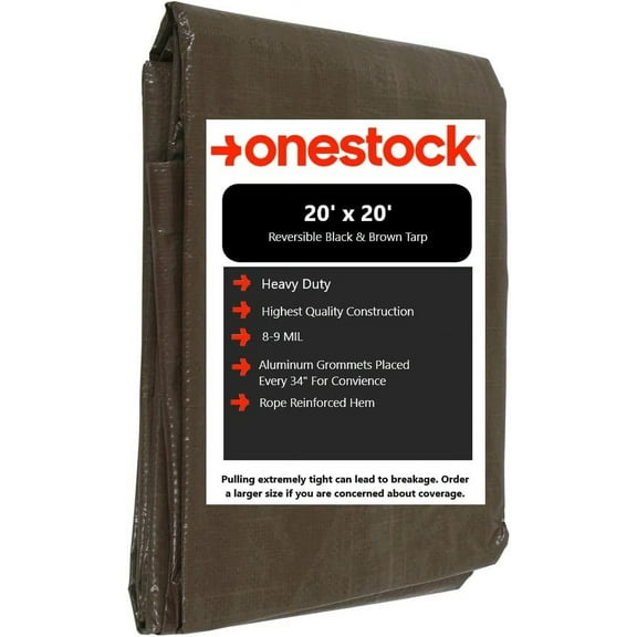 20x20 Heavy Duty 8-9 Mil Tarp, Weatherproof, Multi-Purpose, Black/Brown Reversible, Poly Tarp, Strong, Durable, Protects Floors & Furniture, Protects Bushes & Gardens, Temporary Roof Tarp