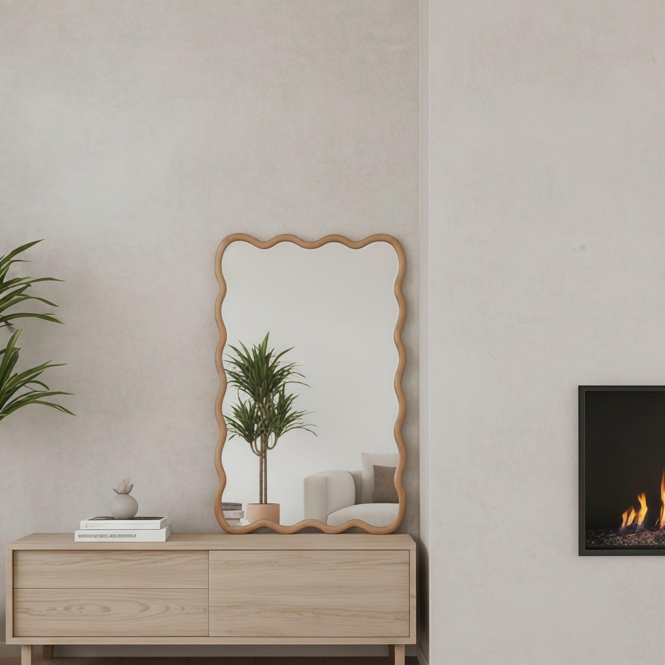Noble House 20"x30" Wavy Rectangle Wall Mirror, Solid Wood Decorative Vanity Mirror, Natural
