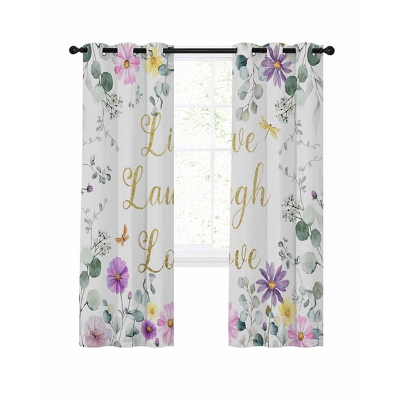Purple Yellow Flowers Blackout Curtains for Bedroom Living Room, Spring Floral Eucalyptus Leaf Laugh Love Live 63 In Long Thermal Insulated Room Darkening Drapes Grommet Window Treatments, 42 x 63 In
