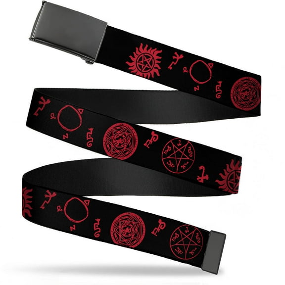 Adjustable Belt, Clamp Buckle, Cut-to-Fit, Supernatural Symbols Scattered Black Red