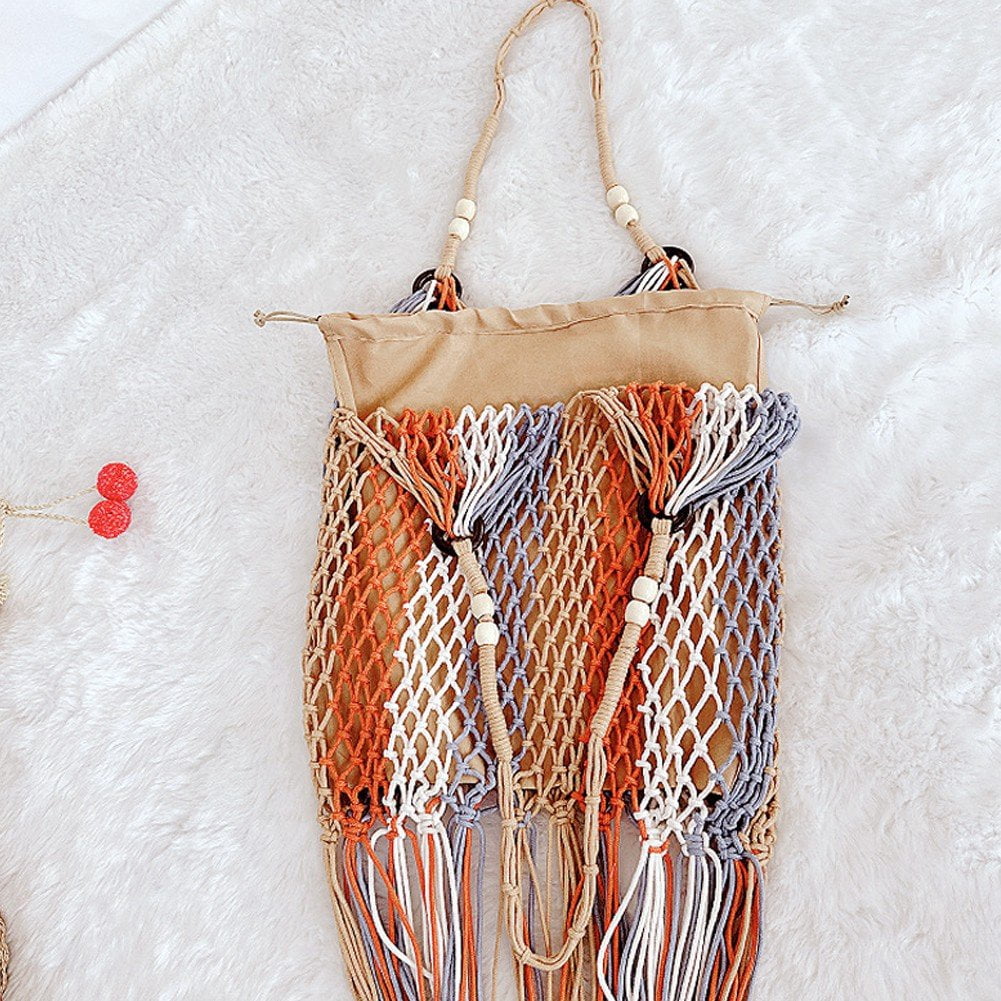 Jiibva Tassel Fishnet Women Shoulder Bags Rope Woven Crochet Tote Bag Lady Handbags Hollow Summer Beach Bag Large Bohemian Bag
