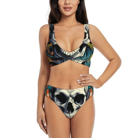 Zeuib Modern Hip-Hop Skull High Waisted Tummy Control Bikini Set - Knot Front Push Up Top & Cheeky Thong Bottom  Two-Piece Swimsuit for Women-XX-Large