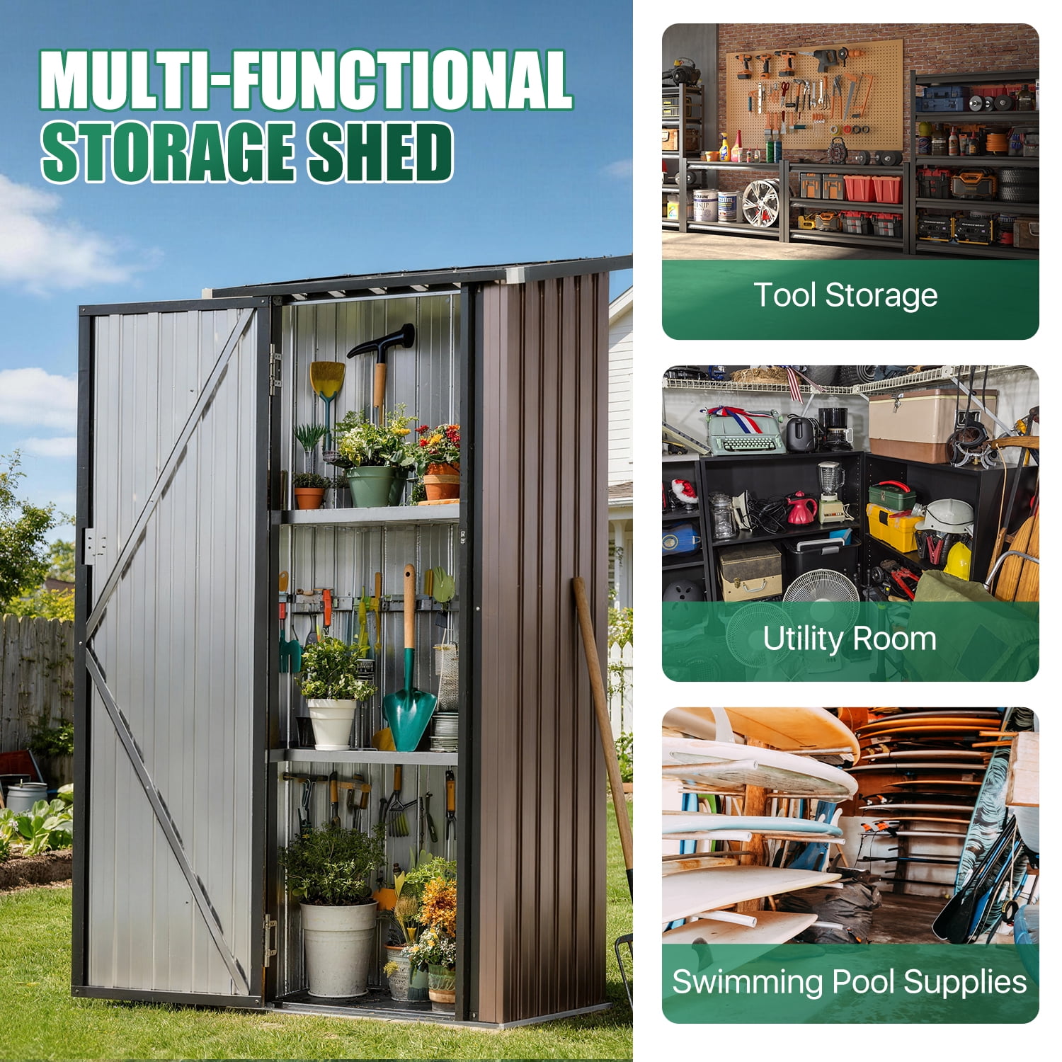 Clouddwell 3x3 FT Outdoor Metal Storage Cabinet with Floor & 2 Adjustable Shelves, Small Lockable Garden Shed