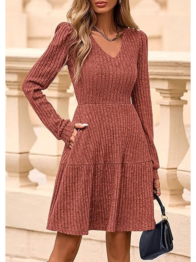 Prettygarden Womens Sweater Dress Fall Long Sleeve V Neck A Line Fit and Flare Ribbed Knit Short Dresses Winter Outfits, Women's, Size: 2XL, Brown