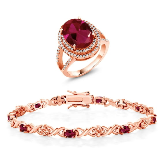 Gem Stone King Red Created Ruby 18K Rose Gold Plated Silver Ring and Tennis Bracelet Jewelry Set for Women (7.94 Cttw Oval Cut, Size 9)