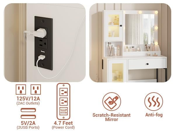 TROPOW Vanity Desk with Mirror and Lights Elegant Makeup Vanity Table with Drawers & Cabinets, Storage, Sturdy MDF Top, Adjustable Brightness Bulbs, Built-in Power Outlet & USB Ports,White