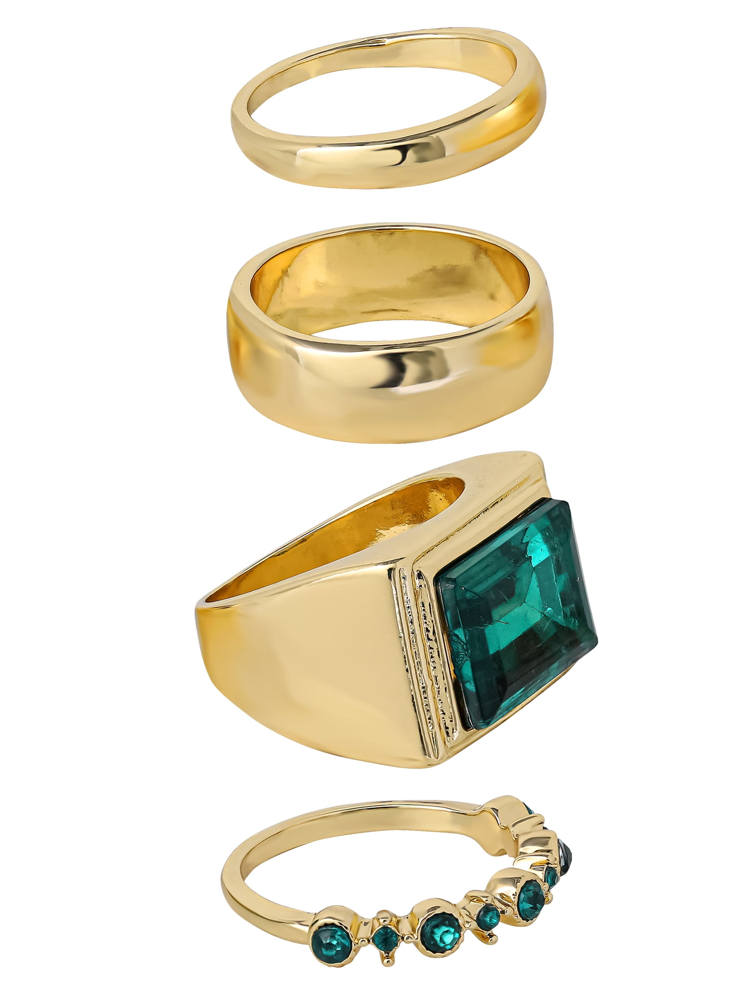 Jessica Simpson Women's 4 Pack Ring Set, Gold-Tone, Stackable with Emerald Stone