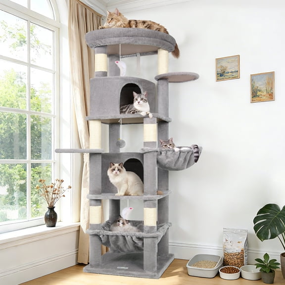 Globlazer 68" XL Corner Cat Tree Tower Condo for Large Cats - 6 Sisal Scratching Posts, 2 Condos, Hammock & Hanging Basket, Light Grey