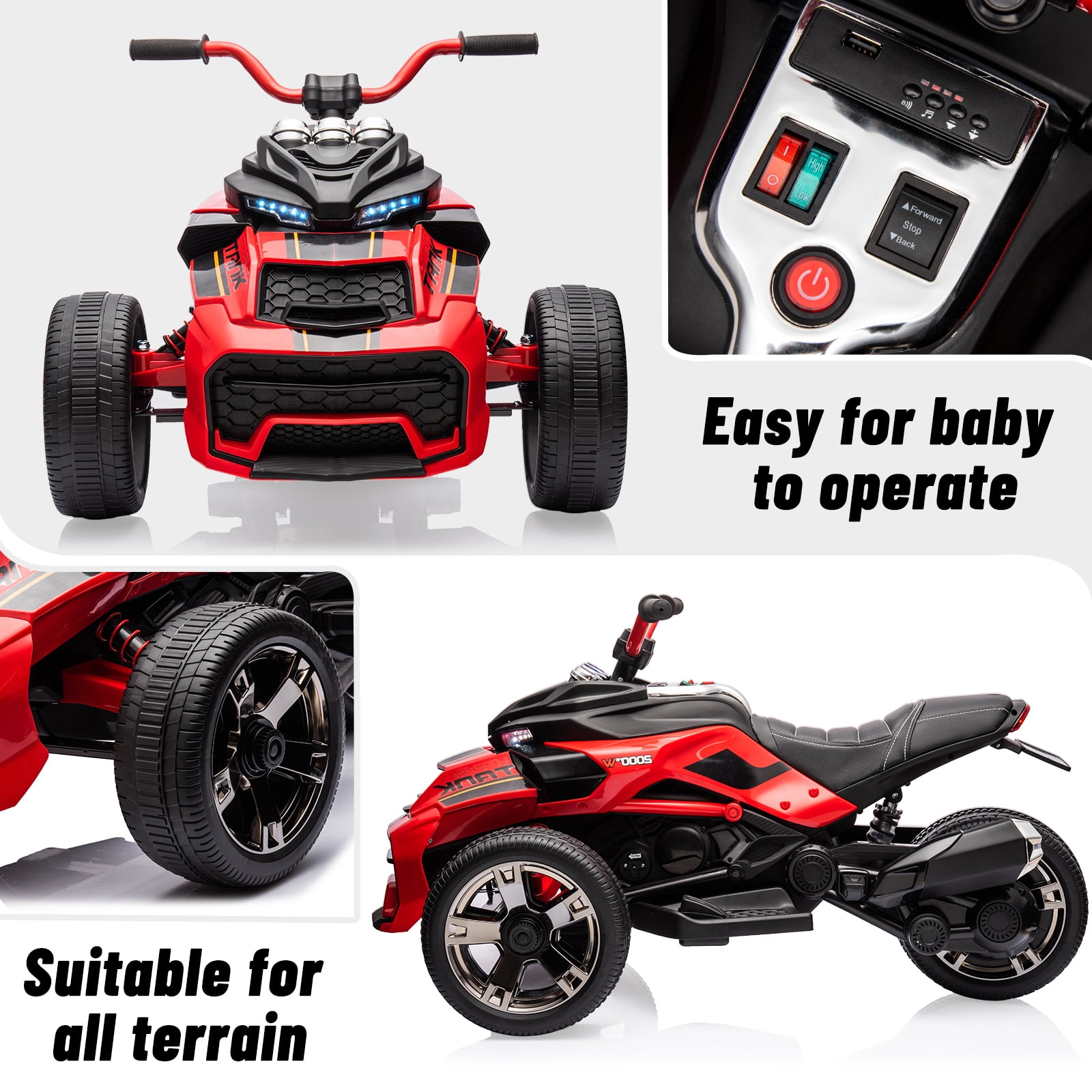 Roromall 12V Kids Ride On ATV, 3 Wheeler Electric Vehicle for Kids 3-8 Battery Powered Toy Car for Boys and Girls, with Led Lights, Treaded Tires, Music