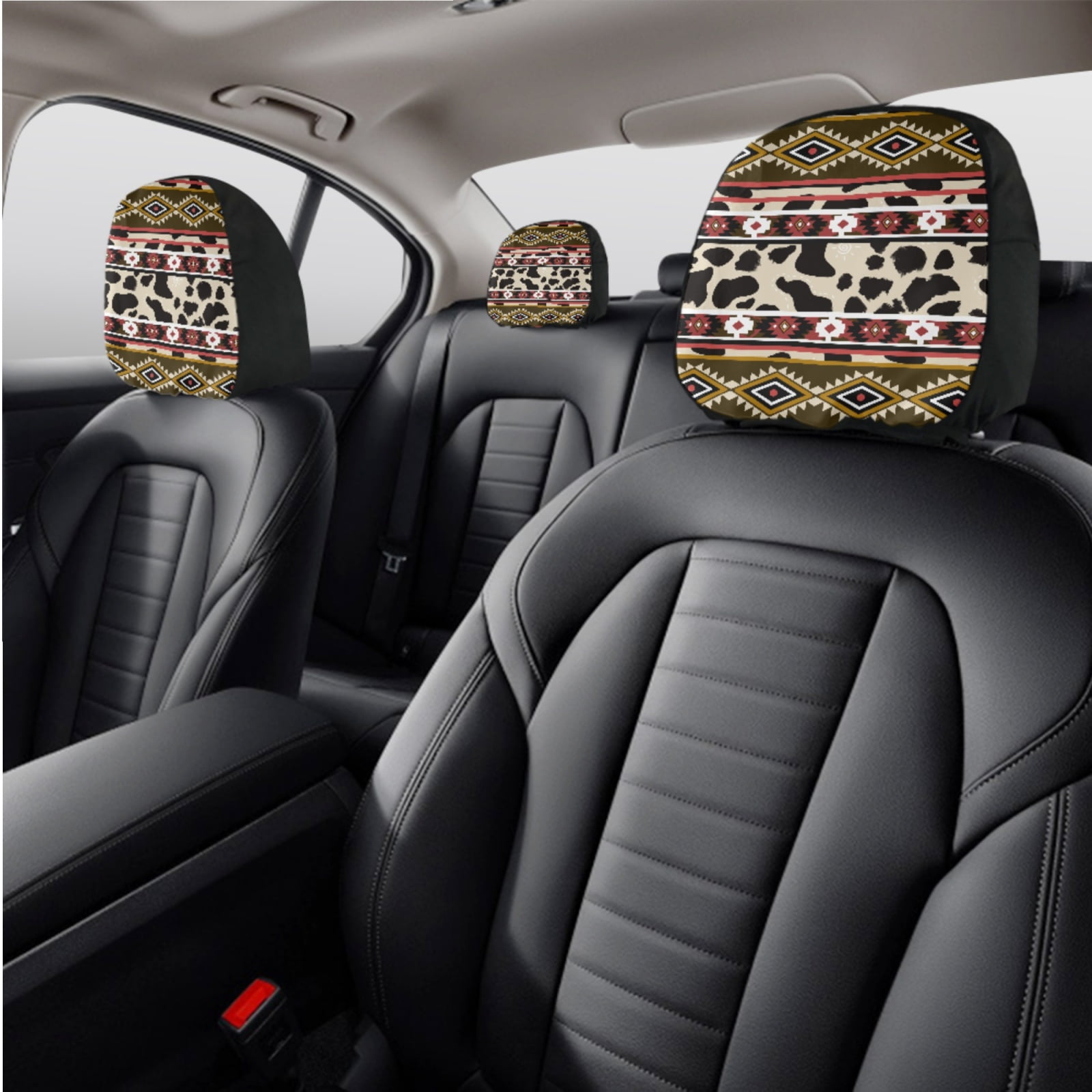 Renewold American Tribal Cow Print Red Beige Car Seat Cushion Cover Full Set 11 PCS, with Steering Wheel Cover Cup Coasters Handbrake Protector Gear Shift Knob Cover Headrest Covers Universal Fit