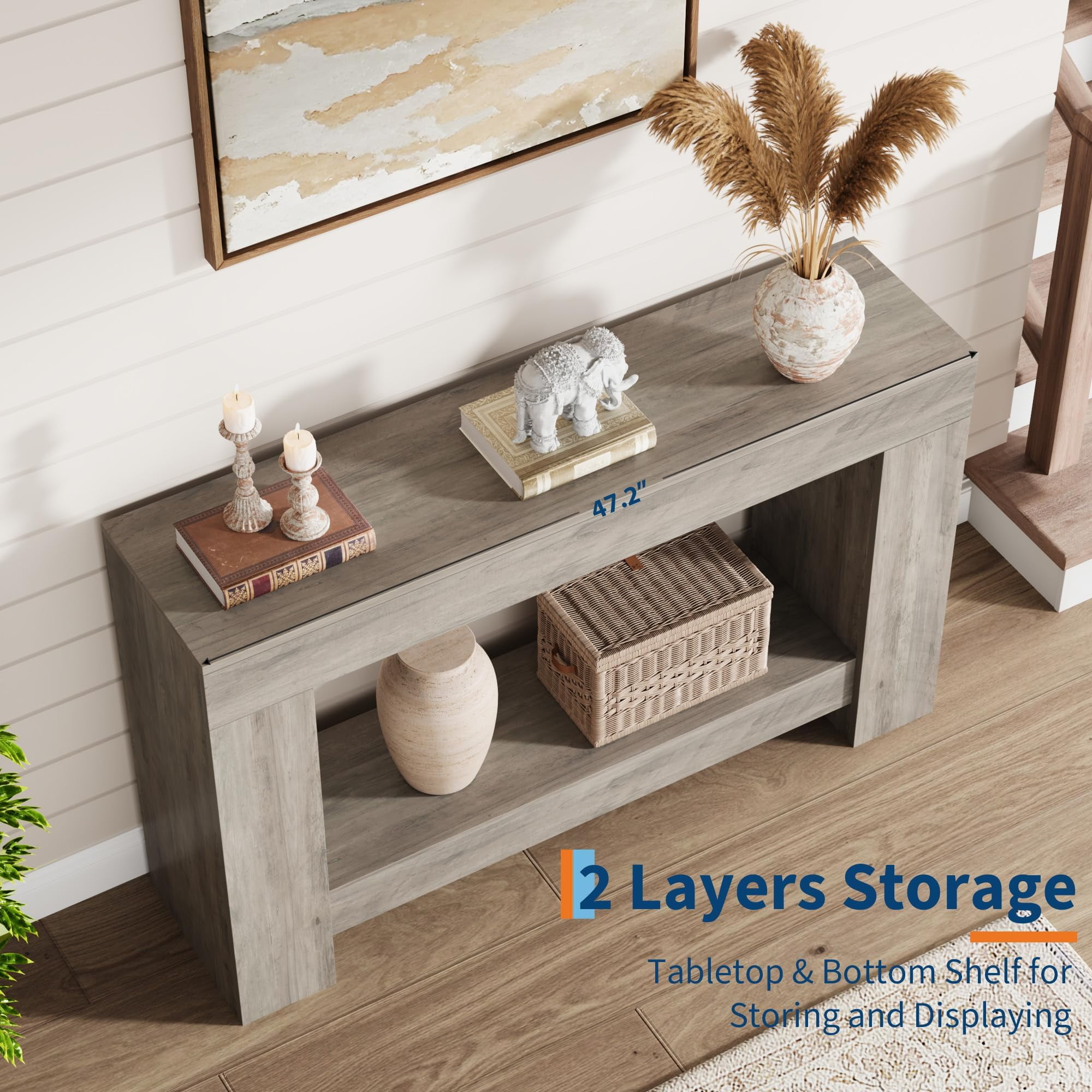 Farmhouse Console Table with Storage, 47 Inch Wide 2-Tier Sofa Table, Entryway Table for Living Room, Hallway, or Foyer