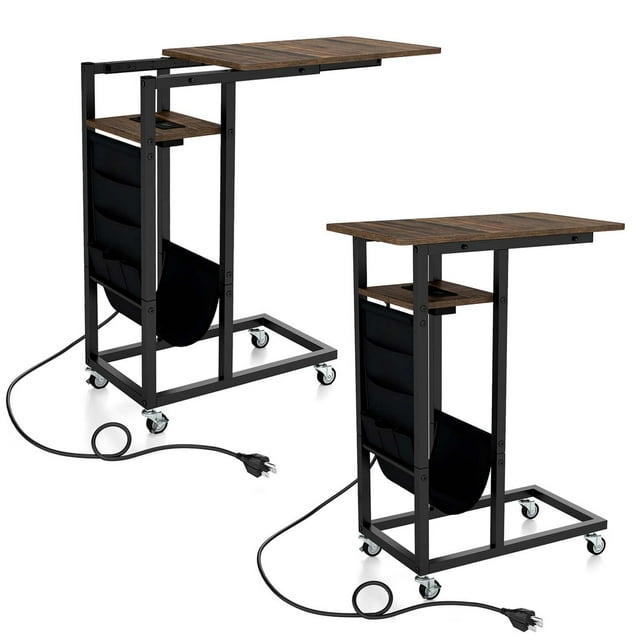 Costway 2 Pcs Table d'Appoint en Forme de C avec Station de Recharge Table de Chevet Roulante Table d'Appoint pour Canapé
