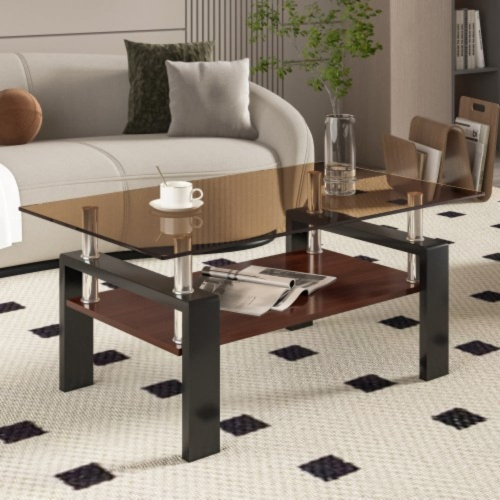 Rectangle Coffee Table, 39.2" Brown Tempered Glass Tabletop with Black MDF Storage Shelf and Iron Legs, Modern Clear Glass Center Table for Living Room, 220 lbs