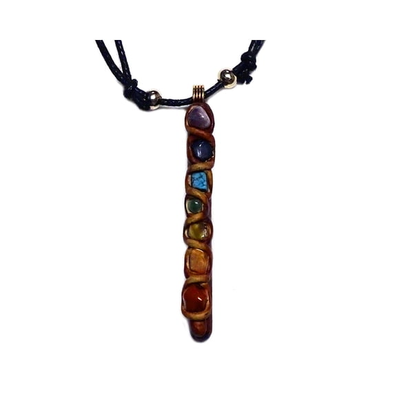 Rainbow Chakra Tumbled Healing Gemstone Chip Crystal Wooden Stick Pendant Adjustable Necklace - Unisex Fashion Handmade Jewelry Boho Accessories