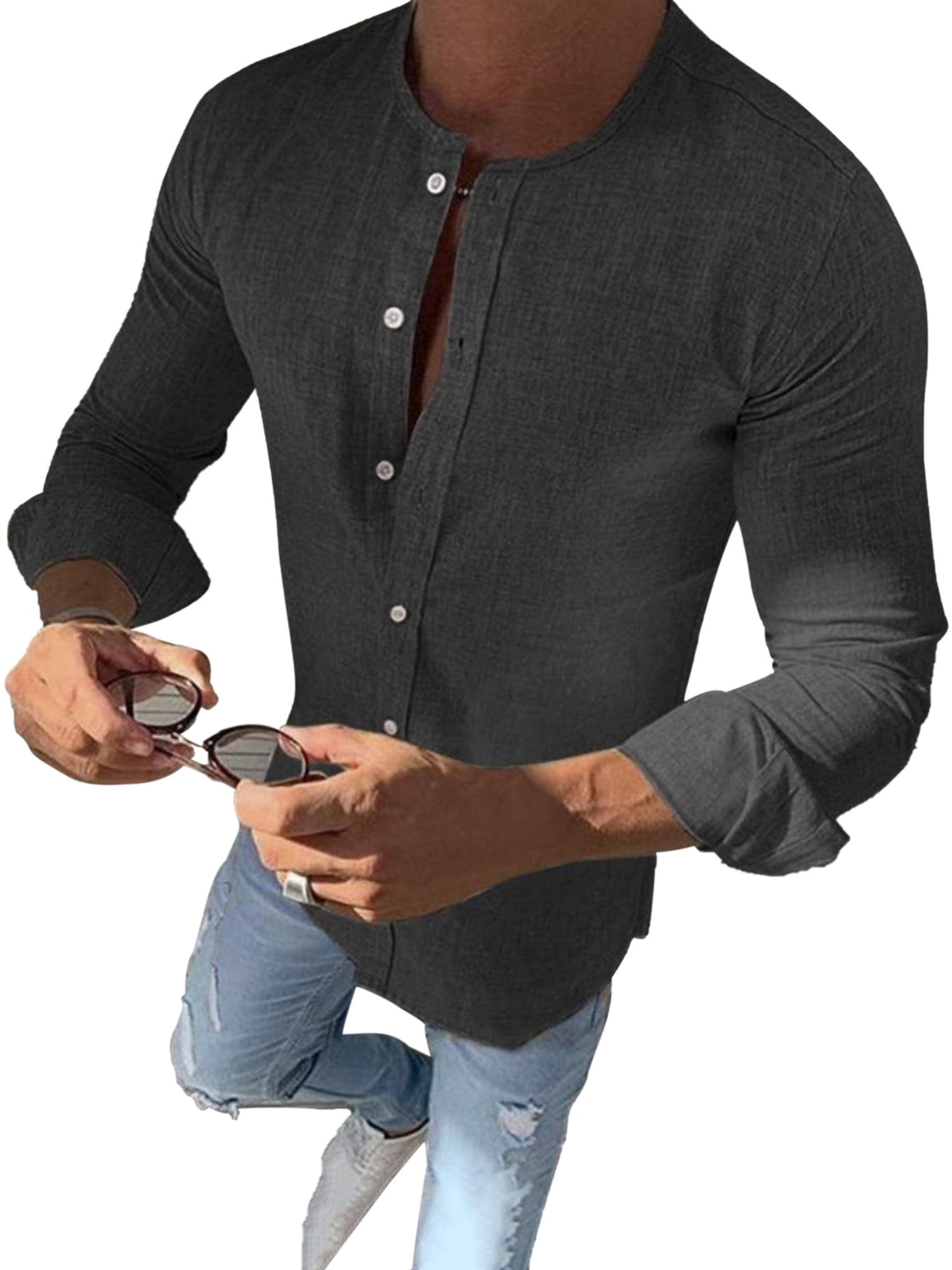 Mens Cotton Linen Long Sleeve Shirts Casual Slim Fit T-Shirt Tops Blouse Tee 