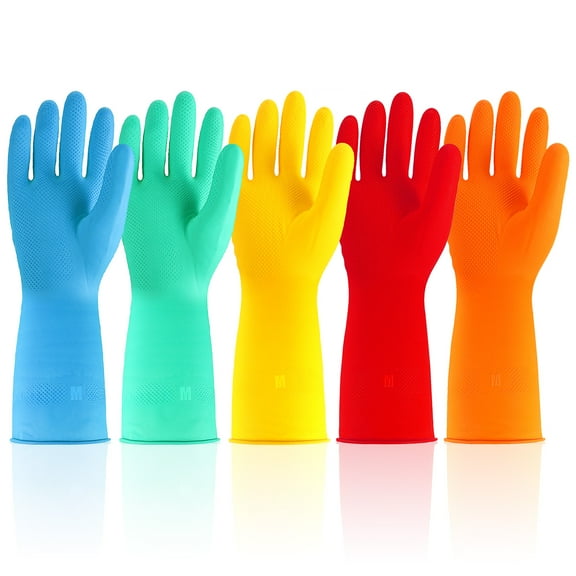 sixwipe 5 Pairs Rubber Cleaning Gloves, Reusable, Waterproof, Non-Slip Dishwashing Gloves for Kitchen & Household Cleaning, Durable, Flexible, Colorful Gloves for Washing Dishes