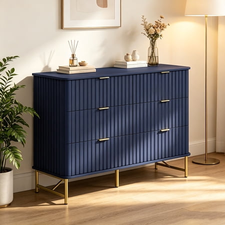 AUU Modern 3-Drawer Accent Chest with Geometric Concave Strip Design & Gold Handles – Sturdy Metal Legs Storage Cabinet for Bedroom Living Room or Office