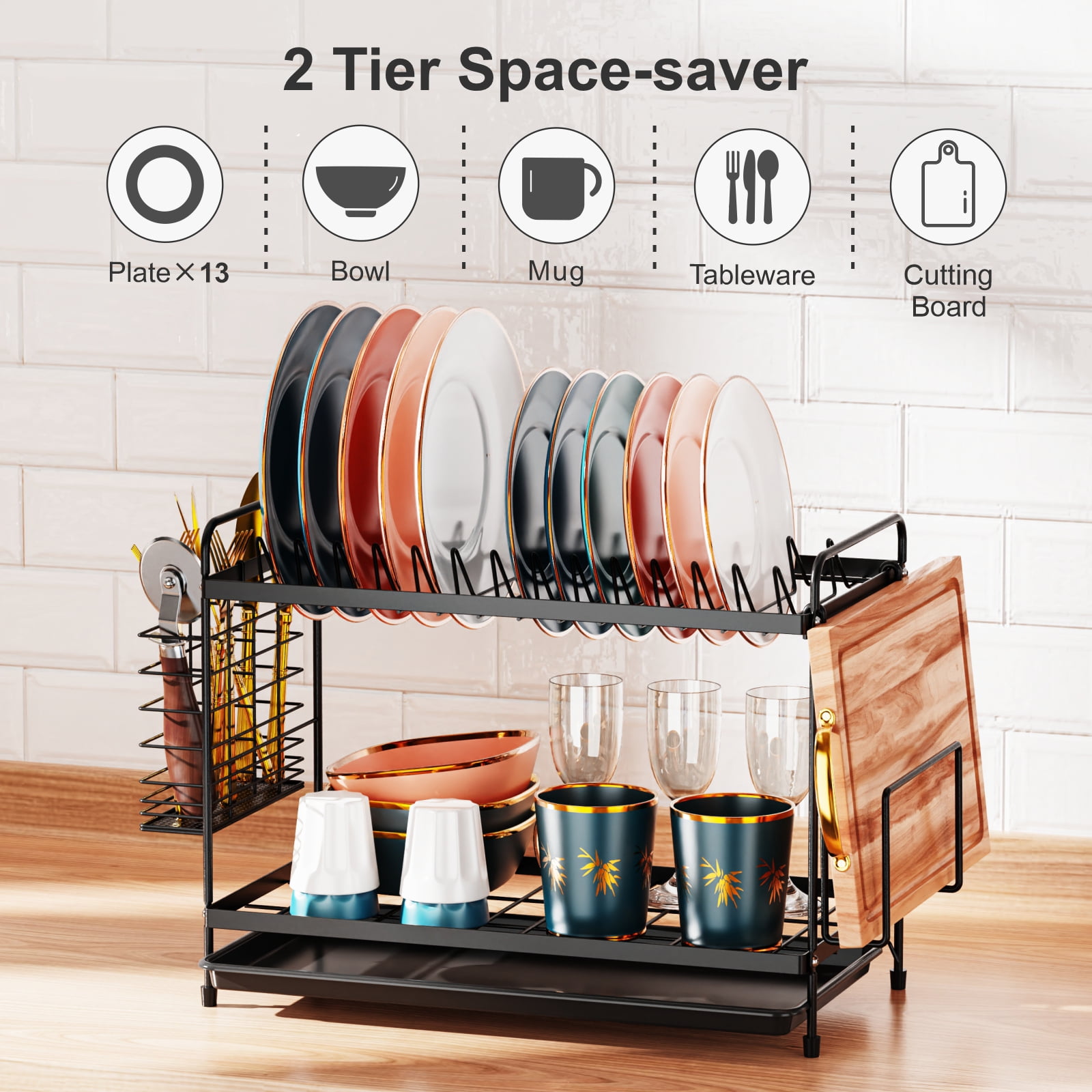 iSPECLE 2 Tier Dish Racks Dish Drainers with Water Tray Cutlery Holder for Small Kitchen Households Black, 18.90 x 8.27 x 11.81 Inches
