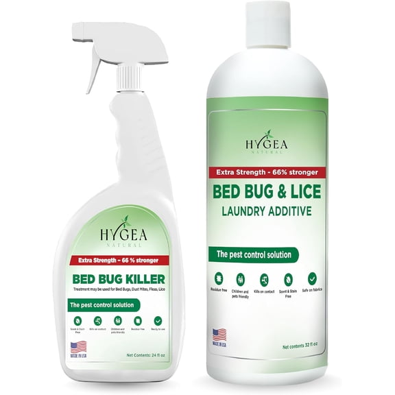 Hygea Natural Bed Bug Spray Killer & Laundry Detergent Additive, Flea Spray for Home Insect Killer Combo Kit, Extra Strength, 2 Pack