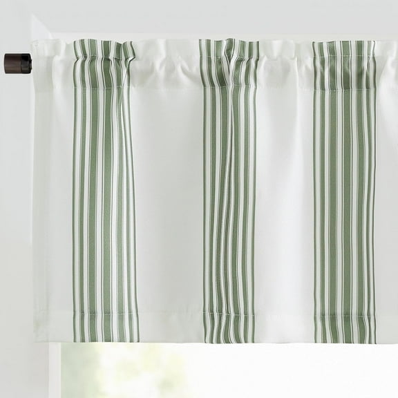 Linen Textured Valance Curtain Striped Kitchen Valance for Small Windows 18 Inch Light Filtering Vertical Stripe Modern Farmhouse Window Topper for Living Room Bathroom 1 Panel Green on White