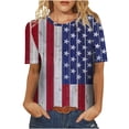 thumbnail image 1 of Pompotops Mode Femmes Col Rond Casual Manches Courtes Drapeau Américain Tops T-shirt Chemisier, 1 of 5