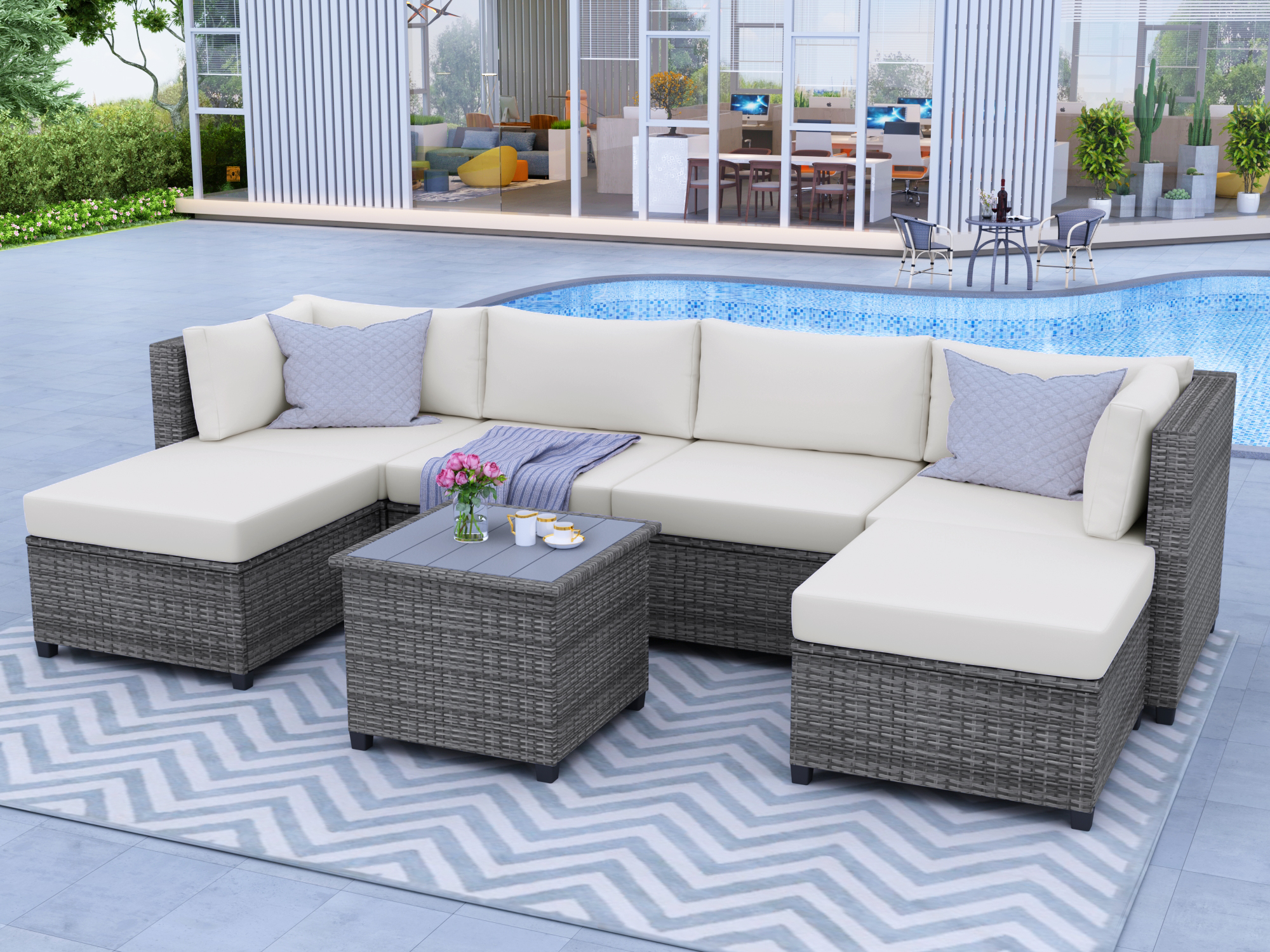 7 Piece Patio Sectional Sofa Set with 4 PE Wicker Sofas, 2 Ottoman, Coffee Table, All-Weather Outdoor Conversation Set Patio Furniture Sets with Beige Cushions for Backyard, Porch, Garden, Pool, LLL19 - image 1 of 9