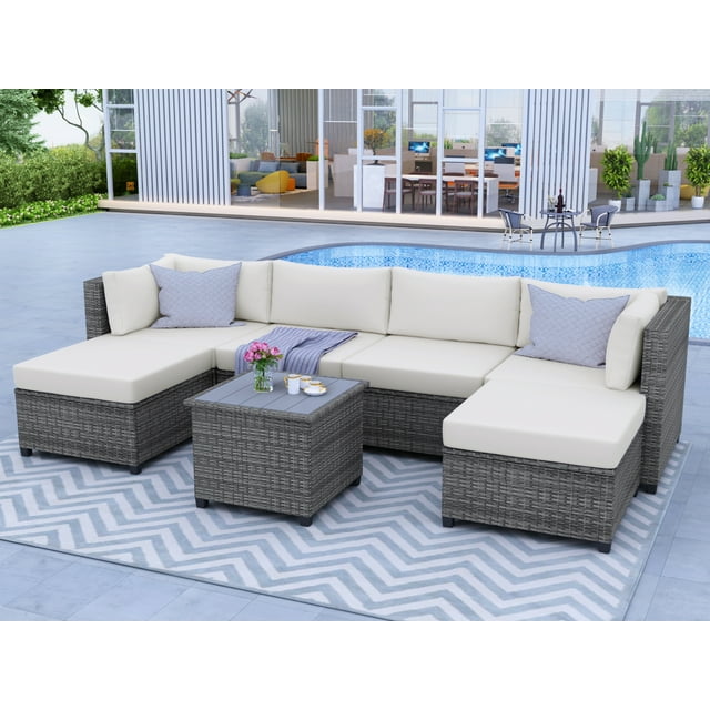 7 Piece Patio Sectional Sofa Set with 4 PE Wicker Sofas, 2 Ottoman, Coffee Table, All-Weather Outdoor Conversation Set Patio Furniture Sets with Beige Cushions for Backyard, Porch, Garden, Pool, LLL19