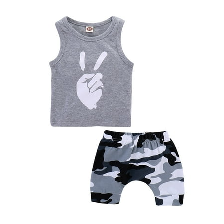 

3T Baby Boys Clothes Baby Boys Summer Outfits 3-4T Toddler Boys Sleeveless Top Camo Shorts 2PCS Set Gray