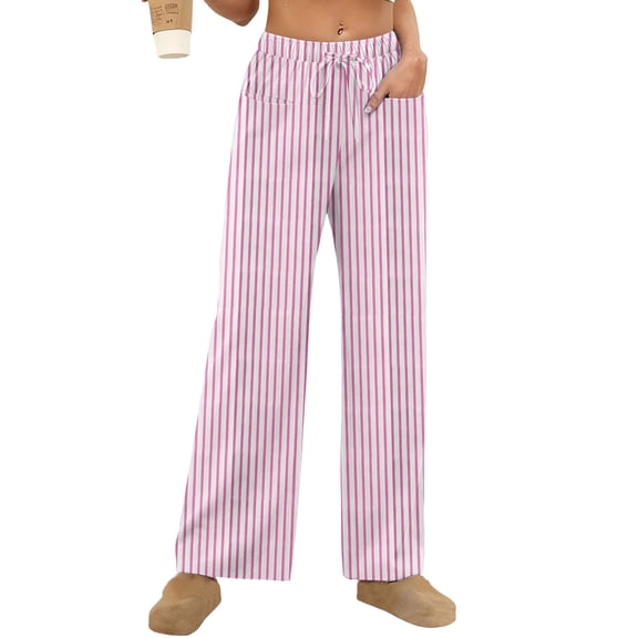 Tnhcen Women's Elastic Waist Striped Straight Leg Pajama Pants 100% Polyester Shrunk - Washed Relaxed Fit Sleepwear Home Wear Casual Loungewear Comfortable Bottoms S - 2XL