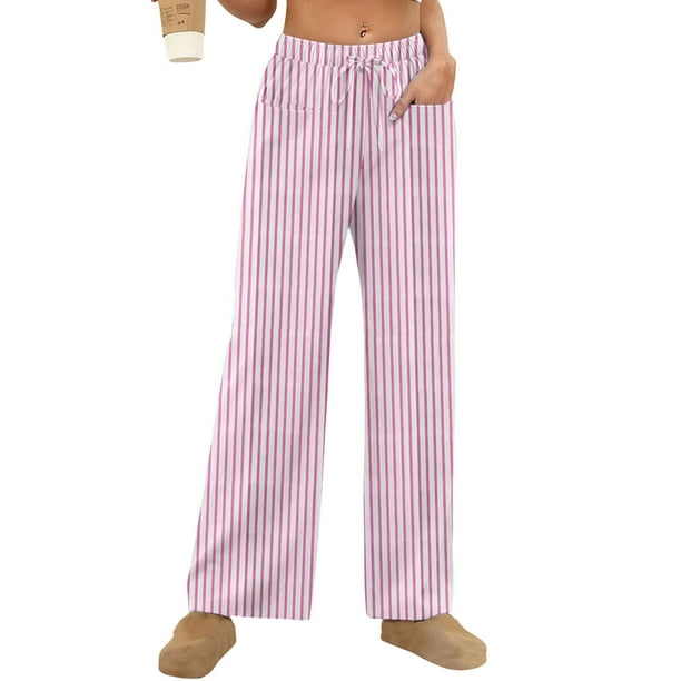Amzcrzy Pantalones Mujer A Rayas Informales Cintura Alta Cordón Elástico Tipo Bóxer Cómodos Holgados Anchos Con Bolsillos Tallas S-2XL Rosa